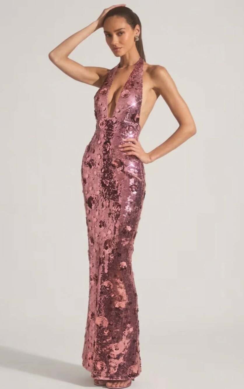 Oh Polly Nolira Sequin-Embellished Halterneck Maxi Dress in Pink Size 4 New